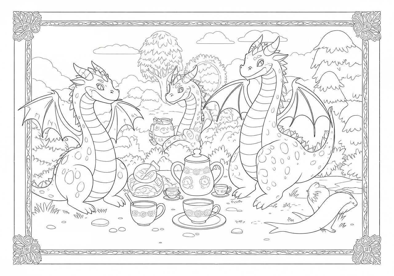 Chill Dragons Having A Tea Party In The Woods