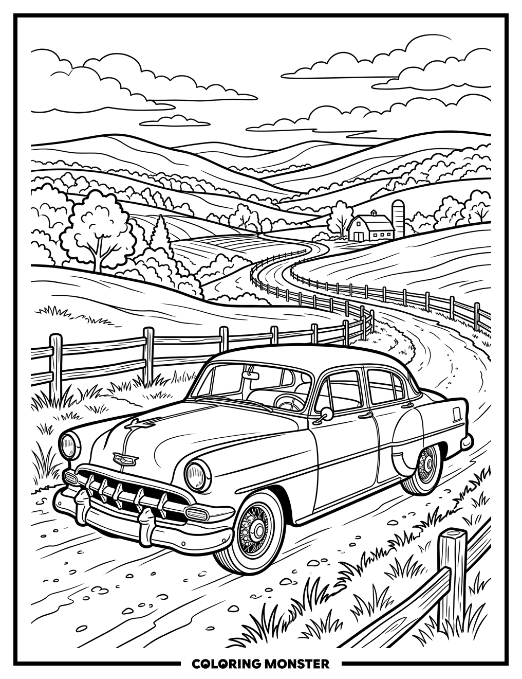 1950s Automobile on Country Road Coloring Page