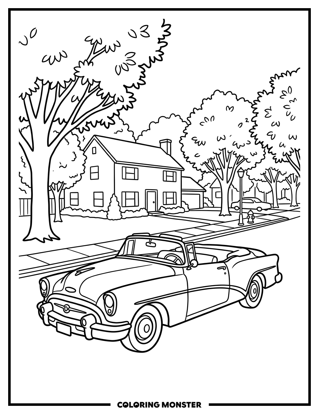 1950s Buick Convertible on Suburban Street Coloring Page