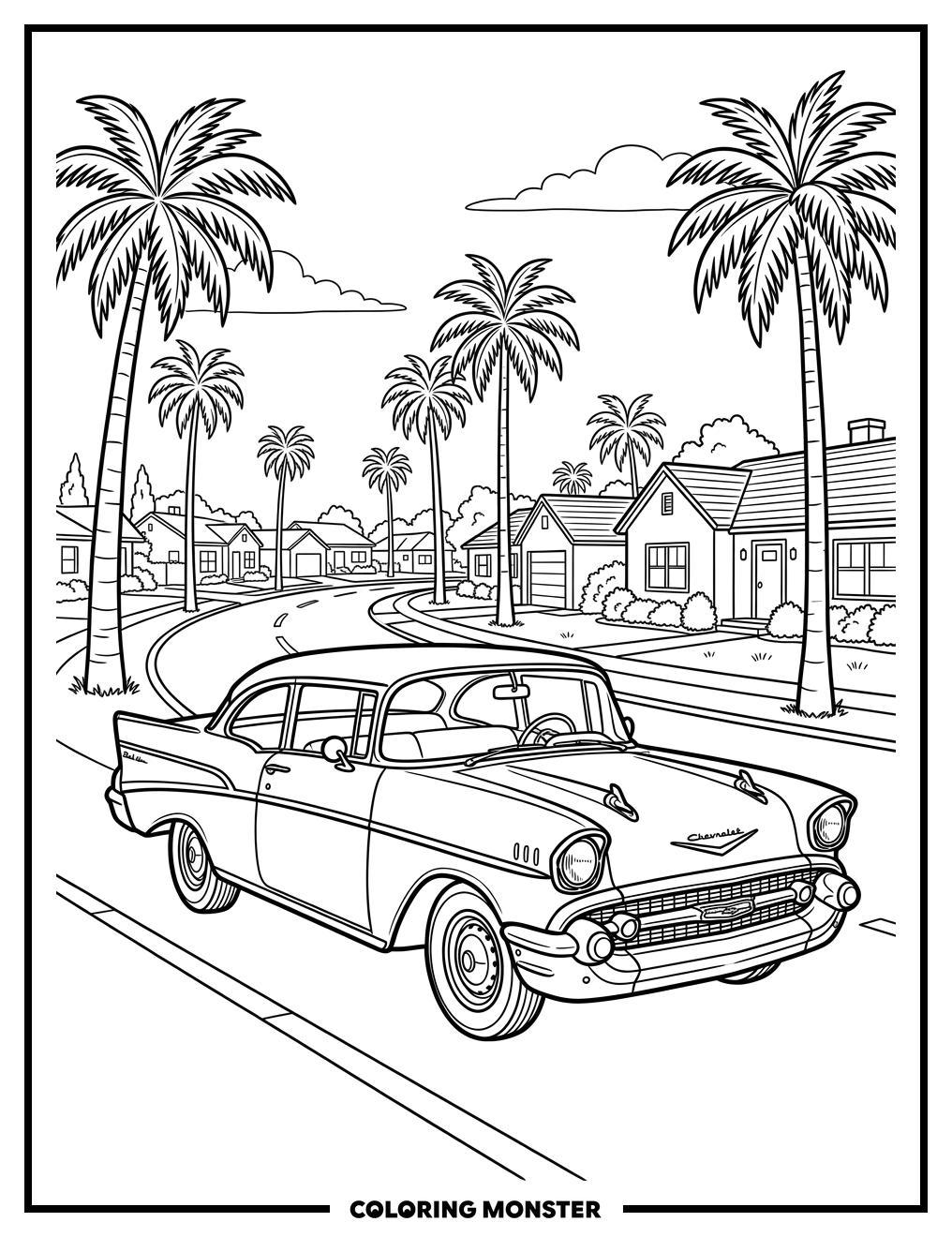 1950s Chevrolet Bel Air on Suburban Street Coloring Page