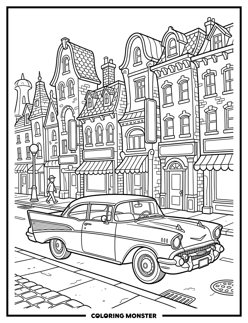 1950s City Street Scene Coloring Page