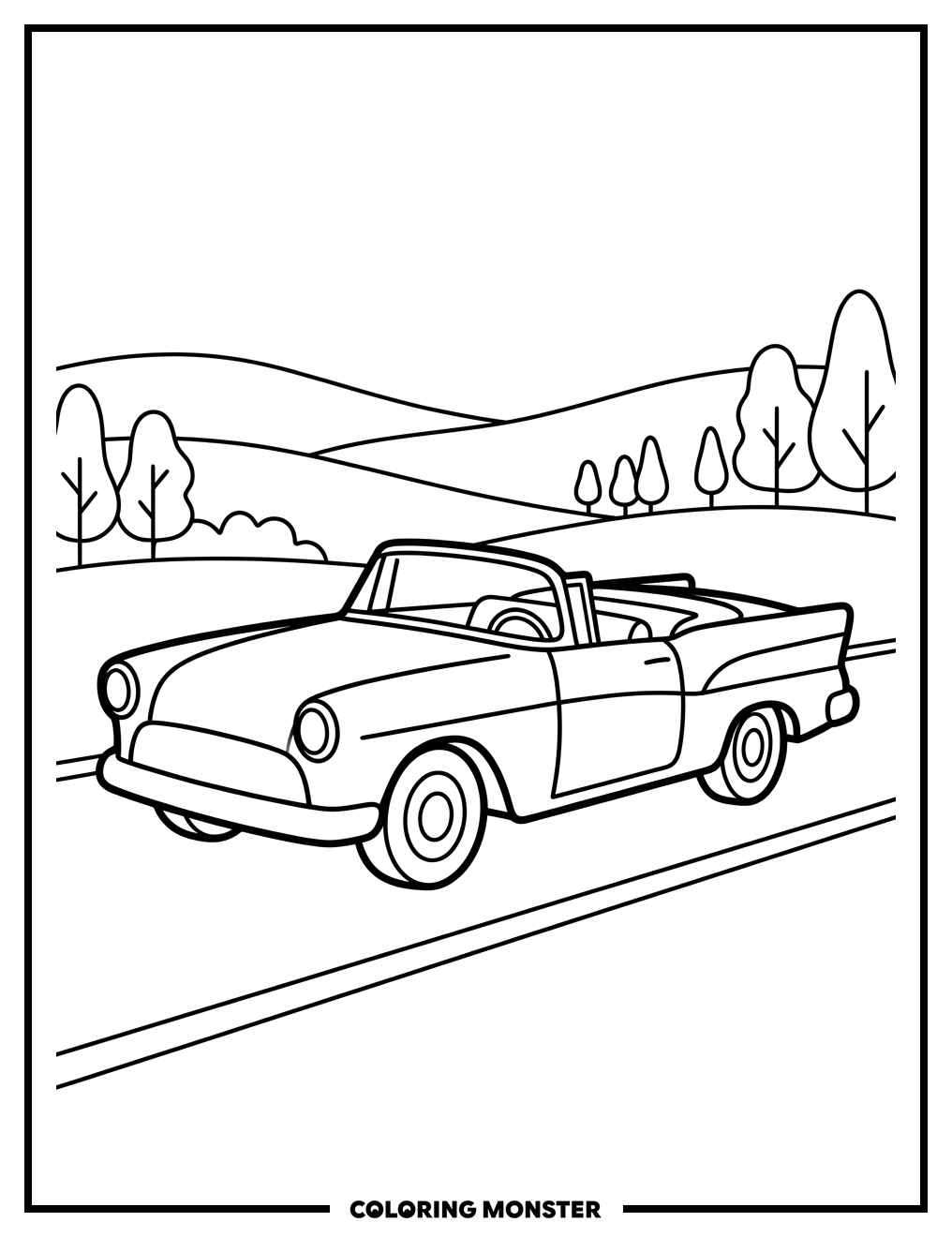 1950s Convertible Cruising Scenic Road Coloring Page