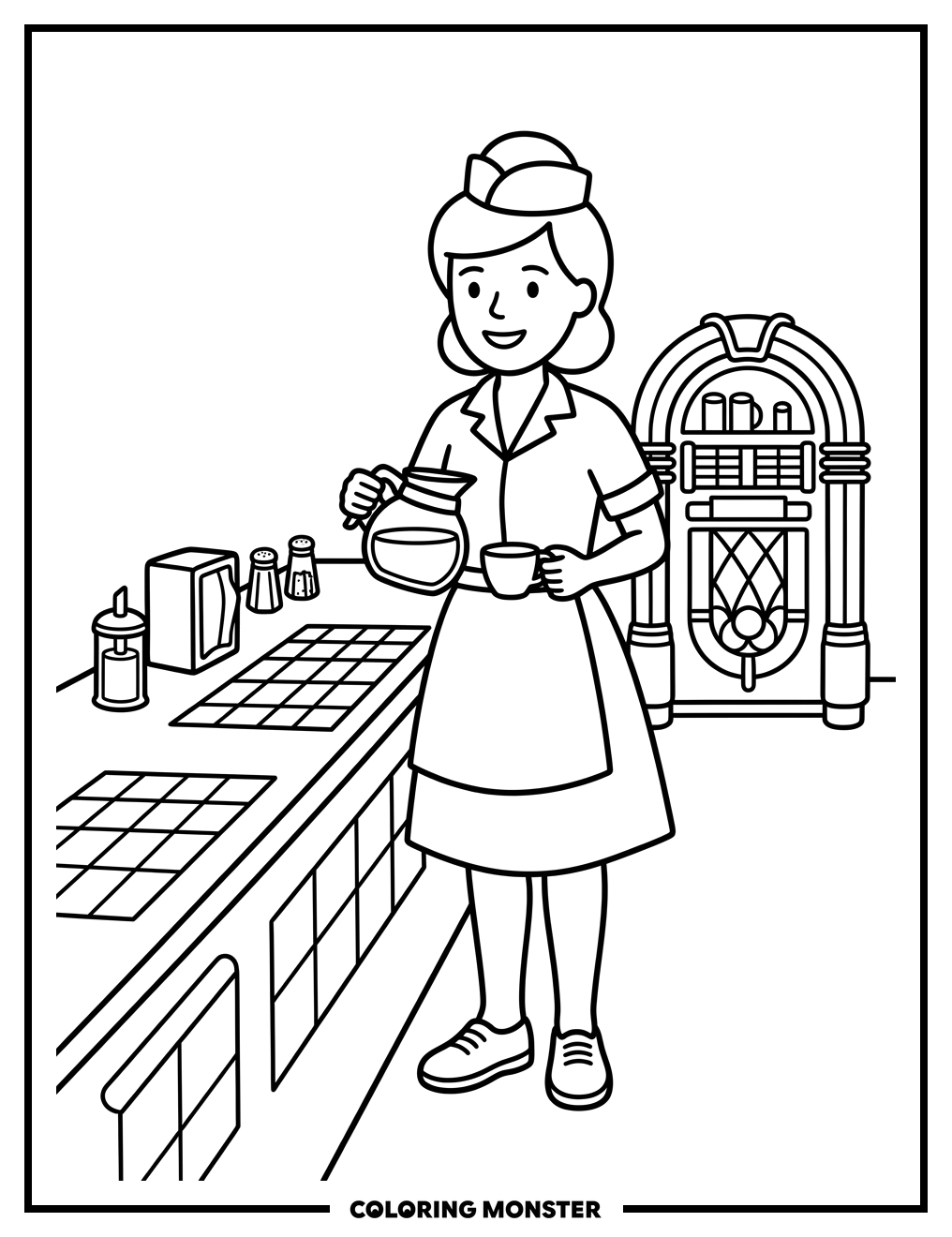 1950s Diner Waitress Serving Coffee Coloring Page