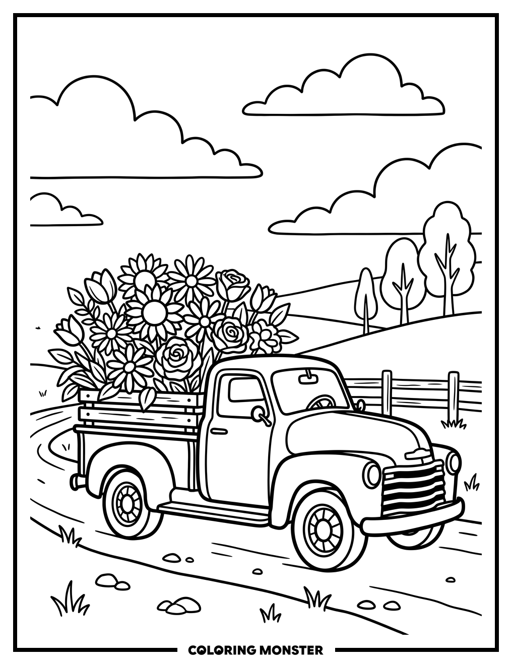 1950s Pickup Truck With Flower Bed Coloring Page