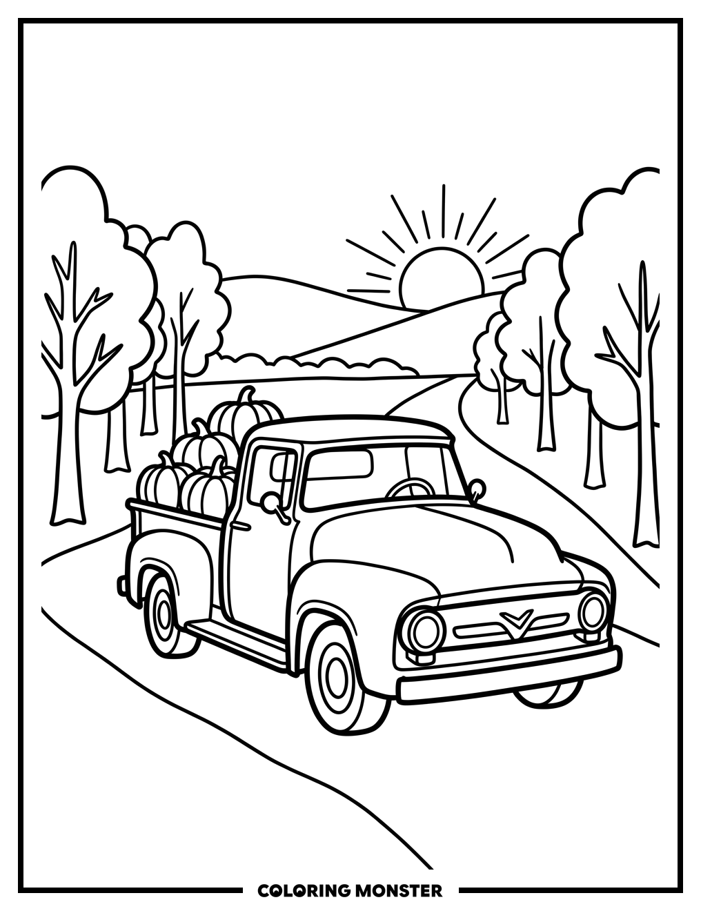 1950s Pumpkin Truck Scene Coloring Page