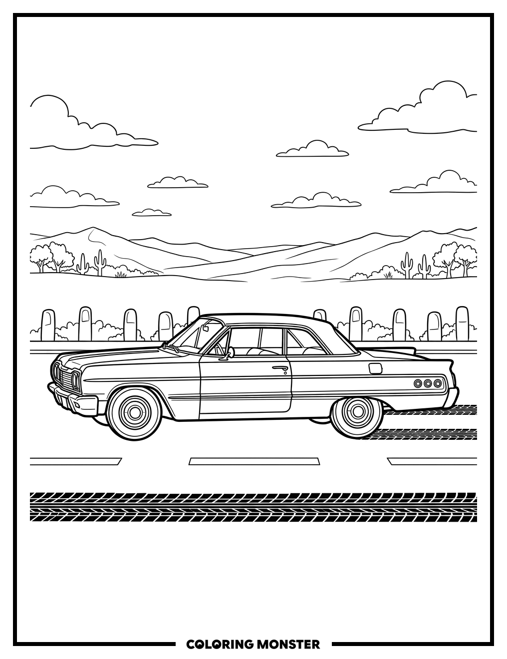 1960s Chevrolet Impala on Highway Coloring Page