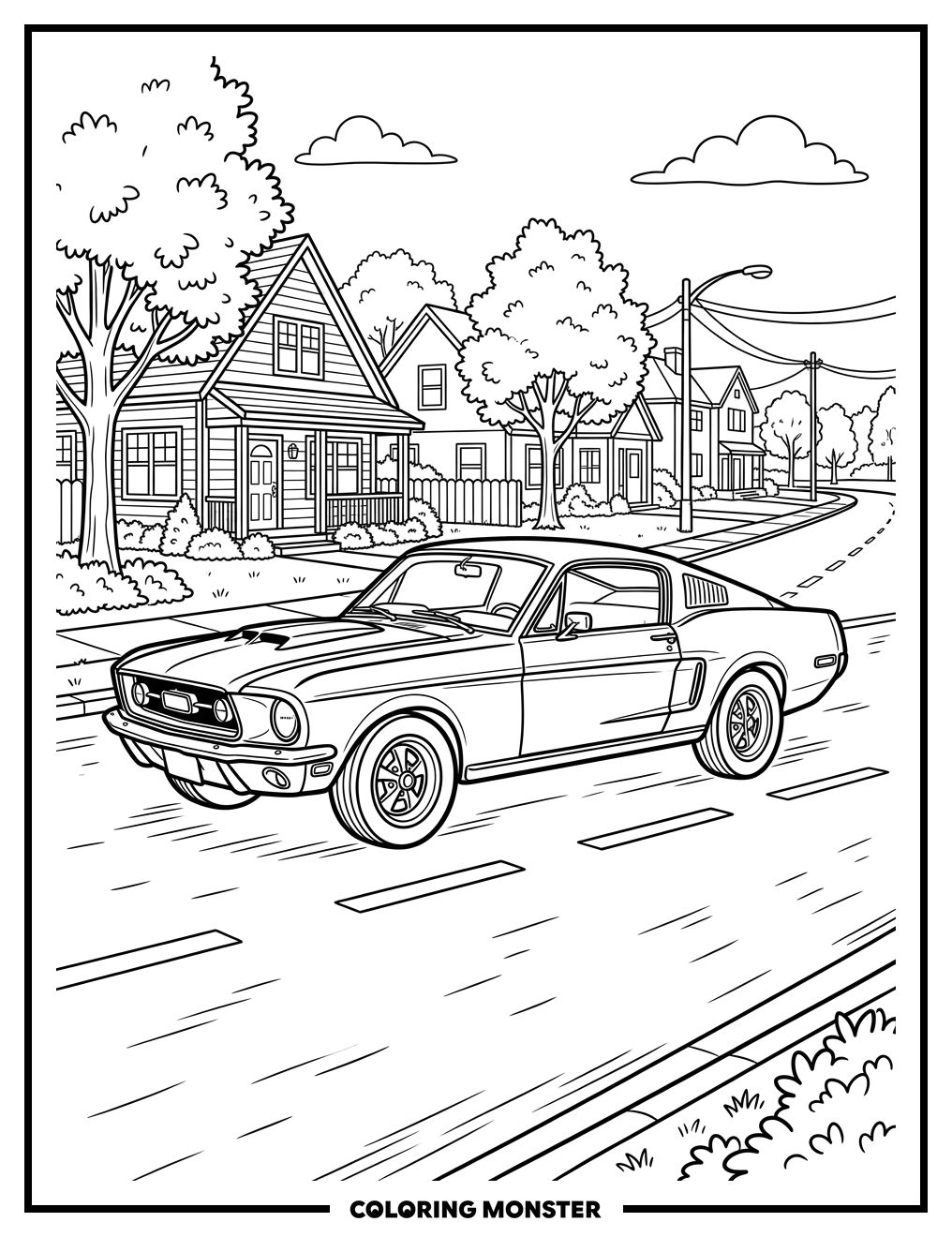 1960s Muscle Car on Suburban Street Coloring Page