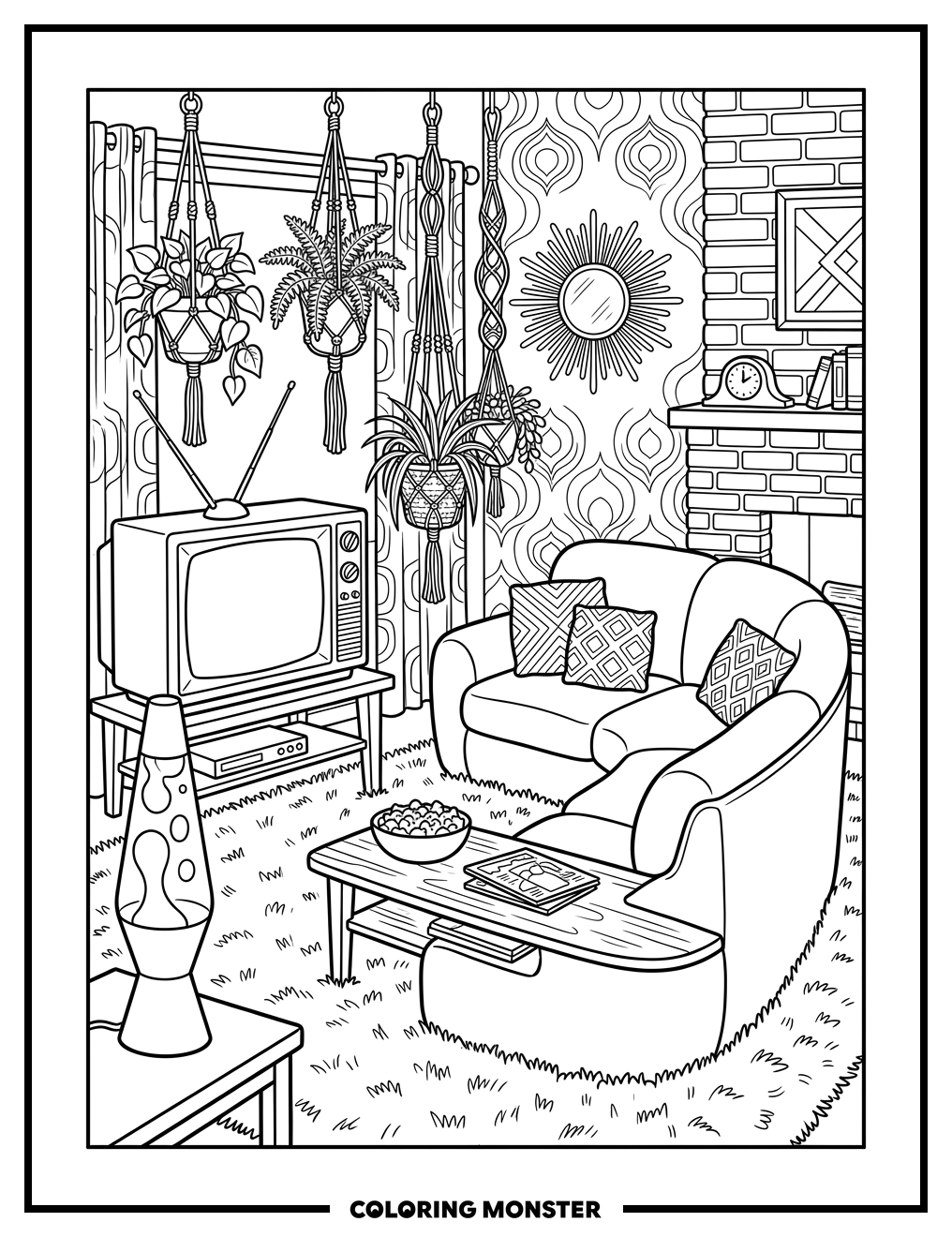 1970s Living Room Scene Coloring Page