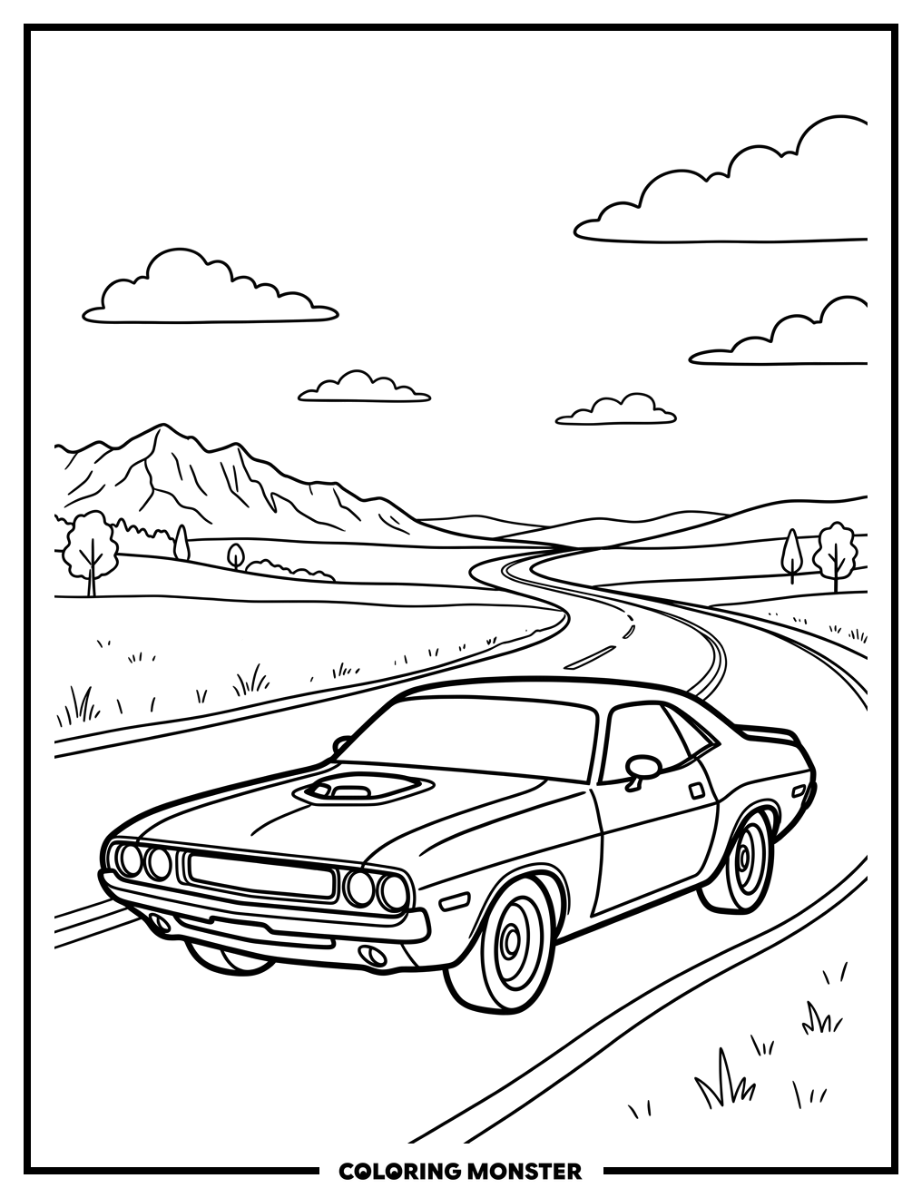 1970s Muscle Car on Highway Coloring Page