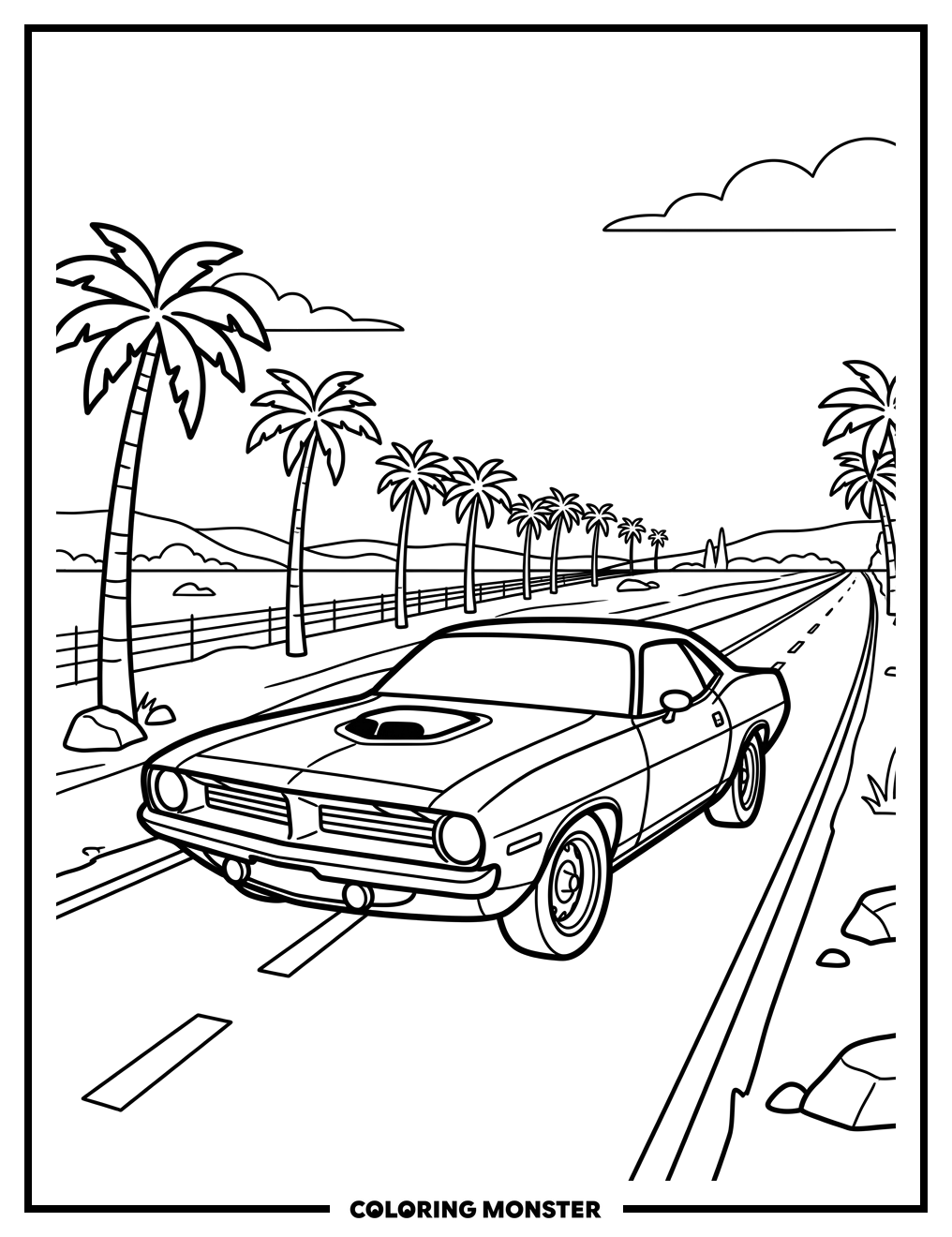 1970s Muscle Car on Highway Coloring Page