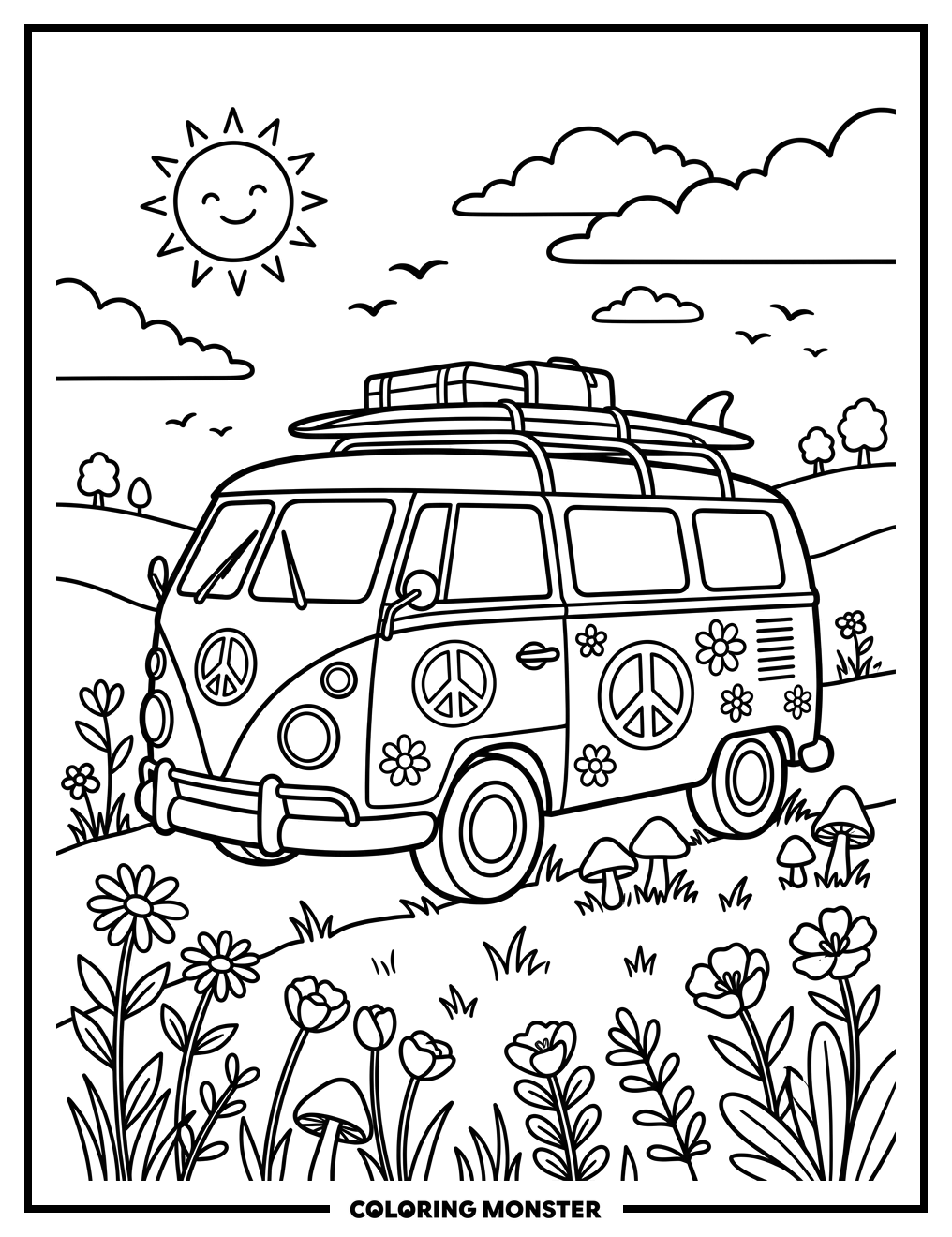 1970s Van in Sunny Meadow Coloring Page