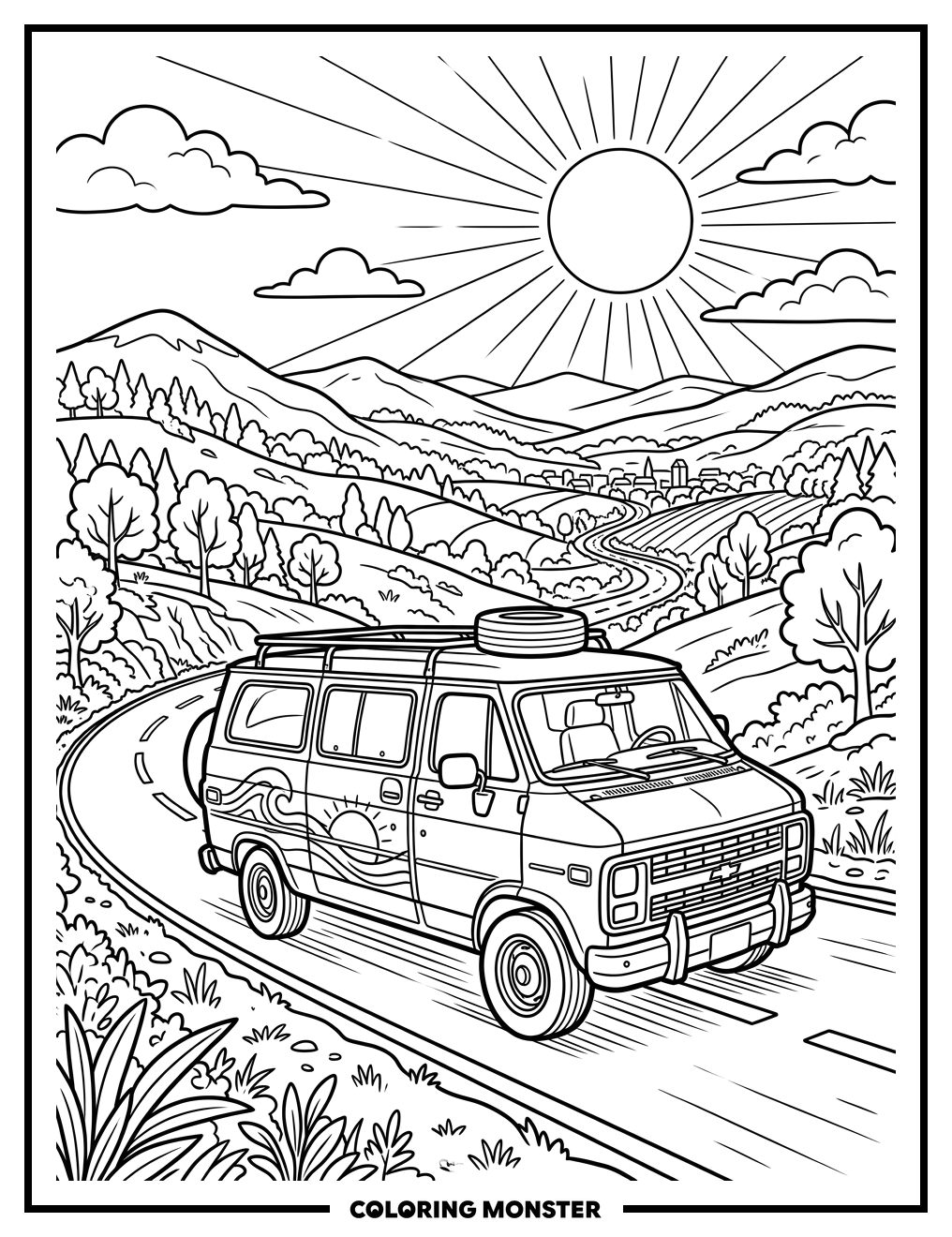1970s Van on Scenic Road Coloring Page