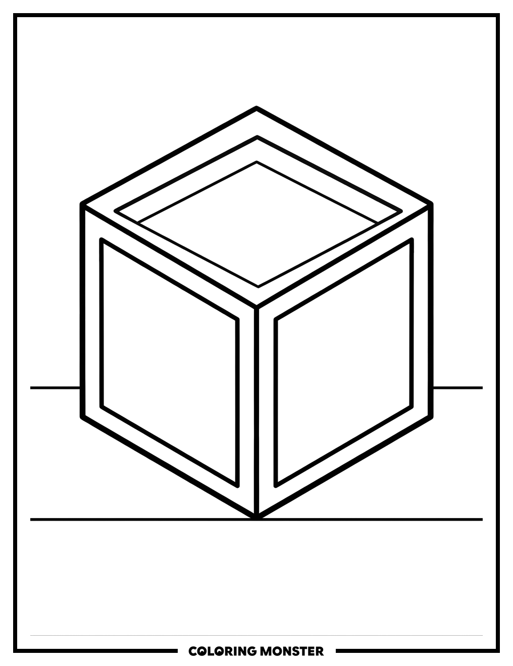 3D Cube on Flat Surface Coloring Page