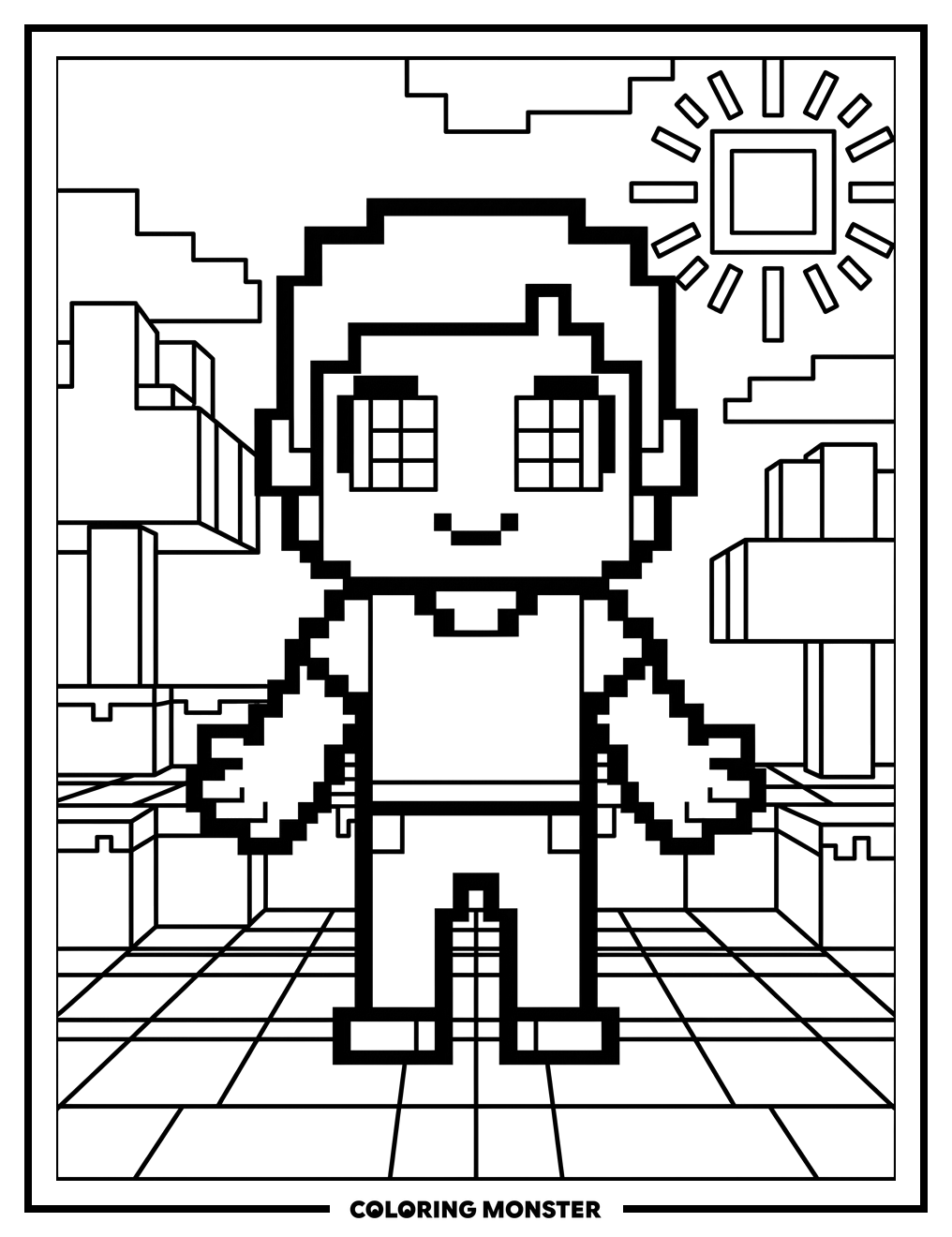 8-Bit Pixel Character in Blocky Landscape Coloring Page