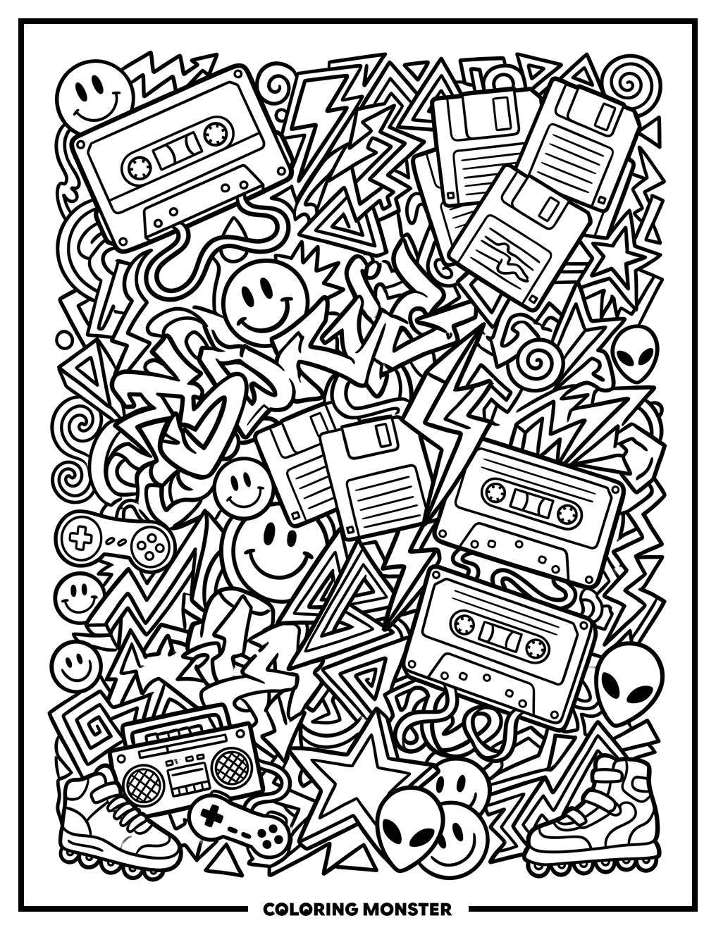 90s Collage With Cassettes and Neon Shapes Coloring Page