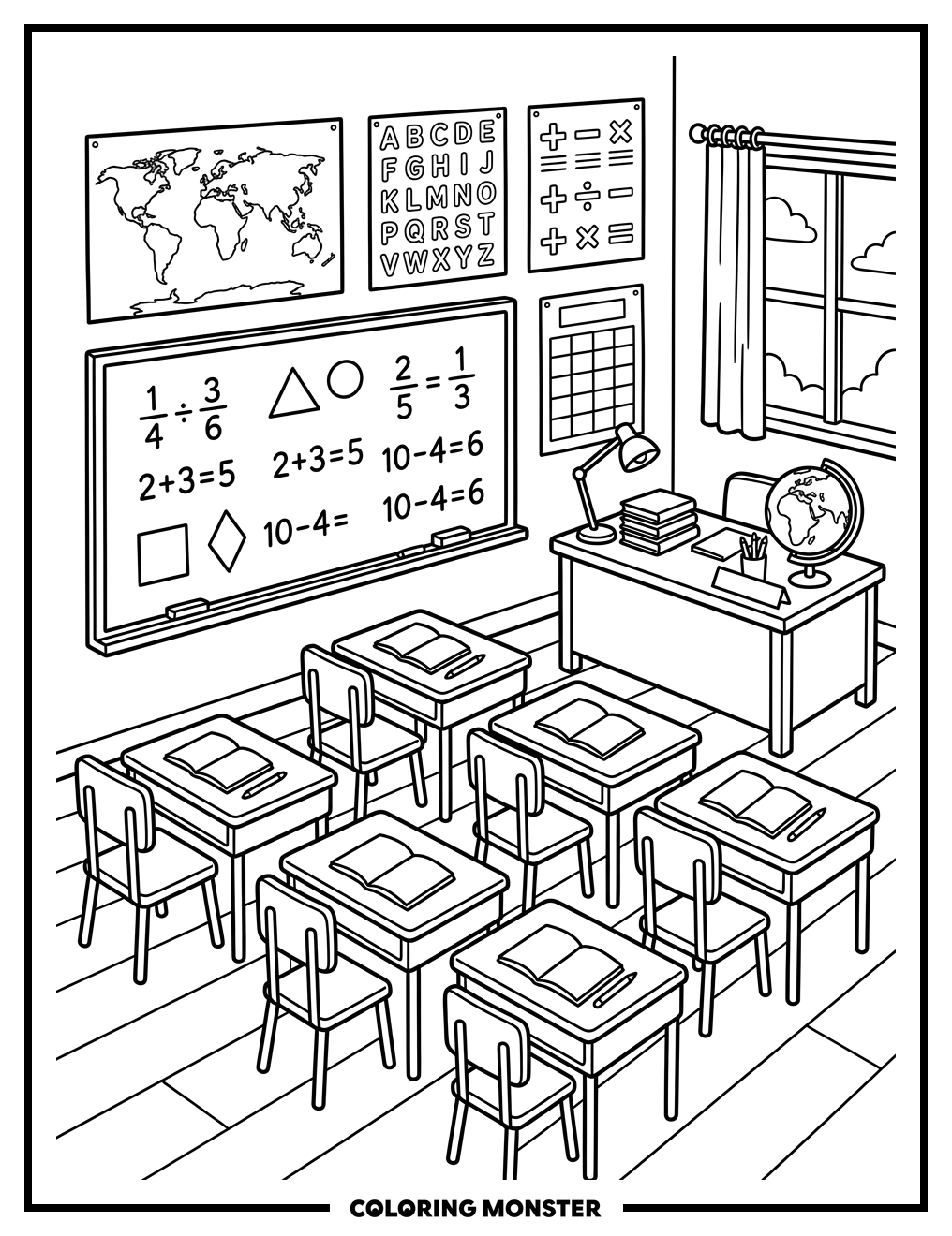 A Bright and Cheerful Classroom Coloring Page
