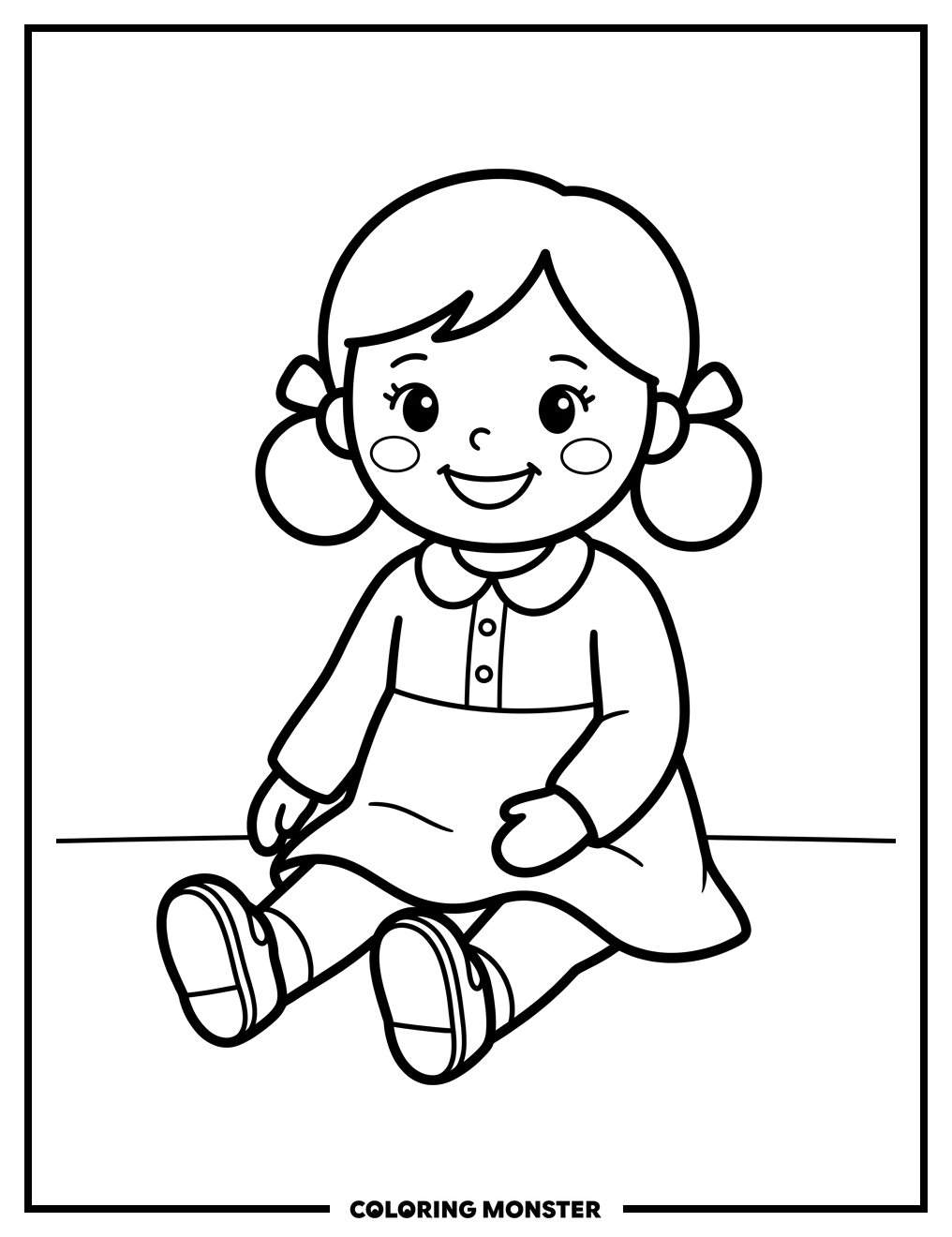A Cheerful Doll Sitting Down Coloring Page