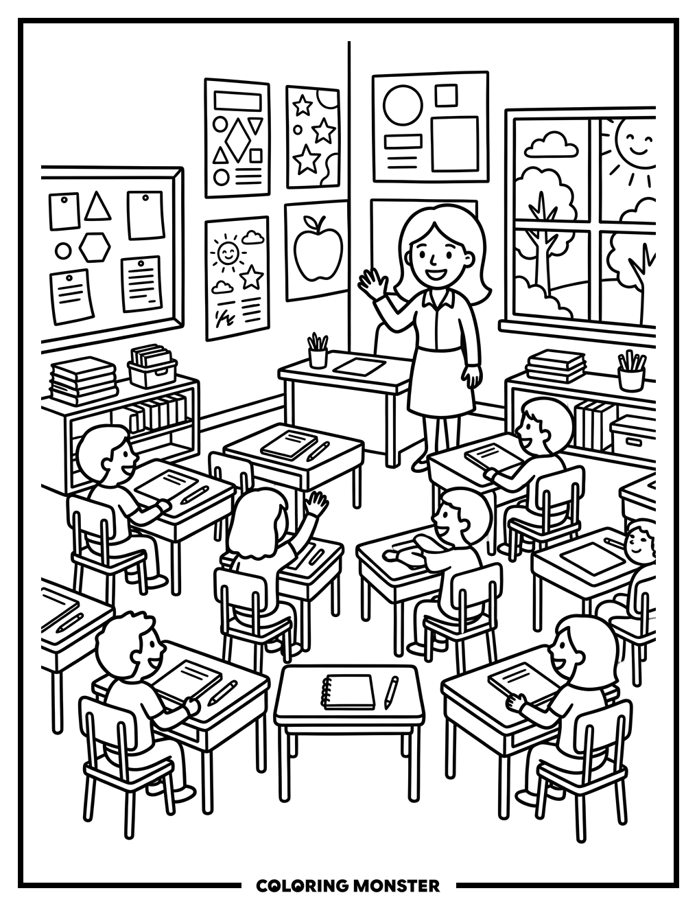 A Cheerful Third-Grade Classroom Coloring Page