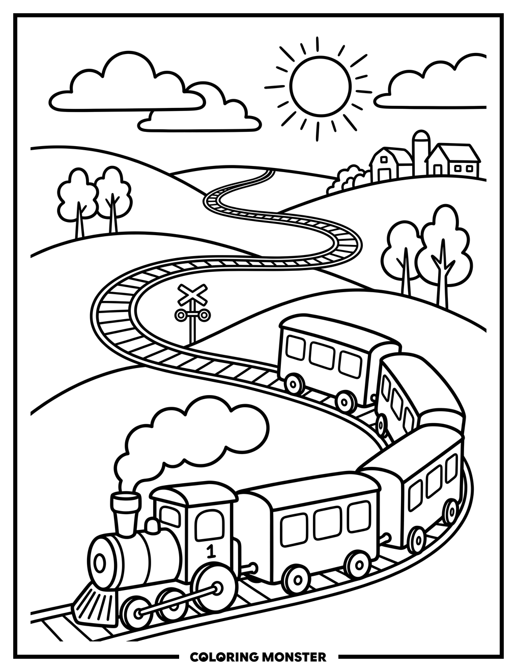 A Cheerful Train on Winding Tracks Coloring Page