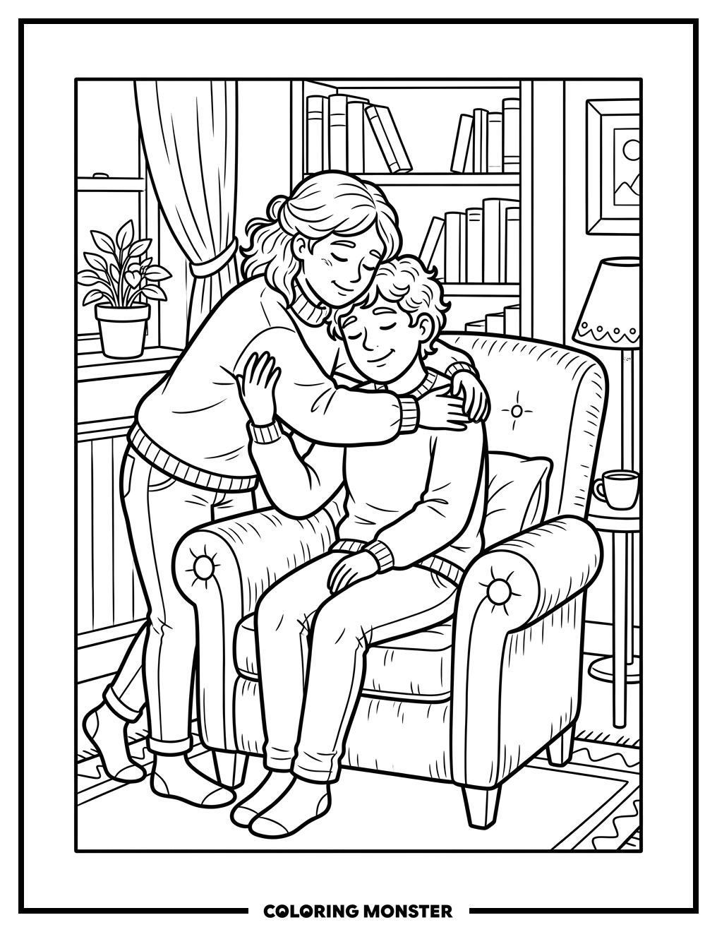 A Comforting Hug in a Cozy Room Coloring Page