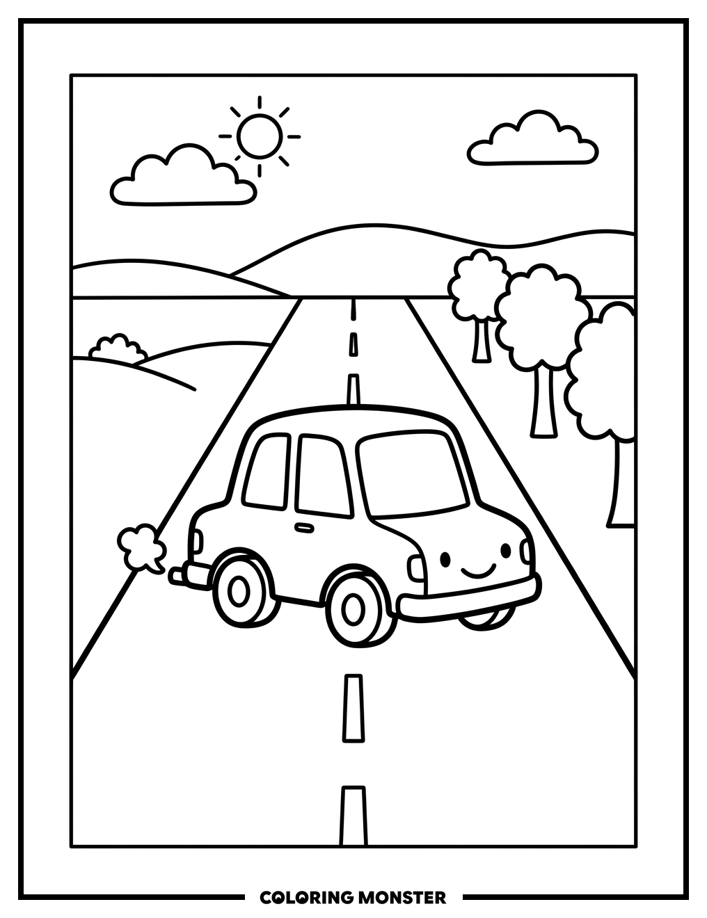 A Friendly Car on a Straight Road Coloring Page