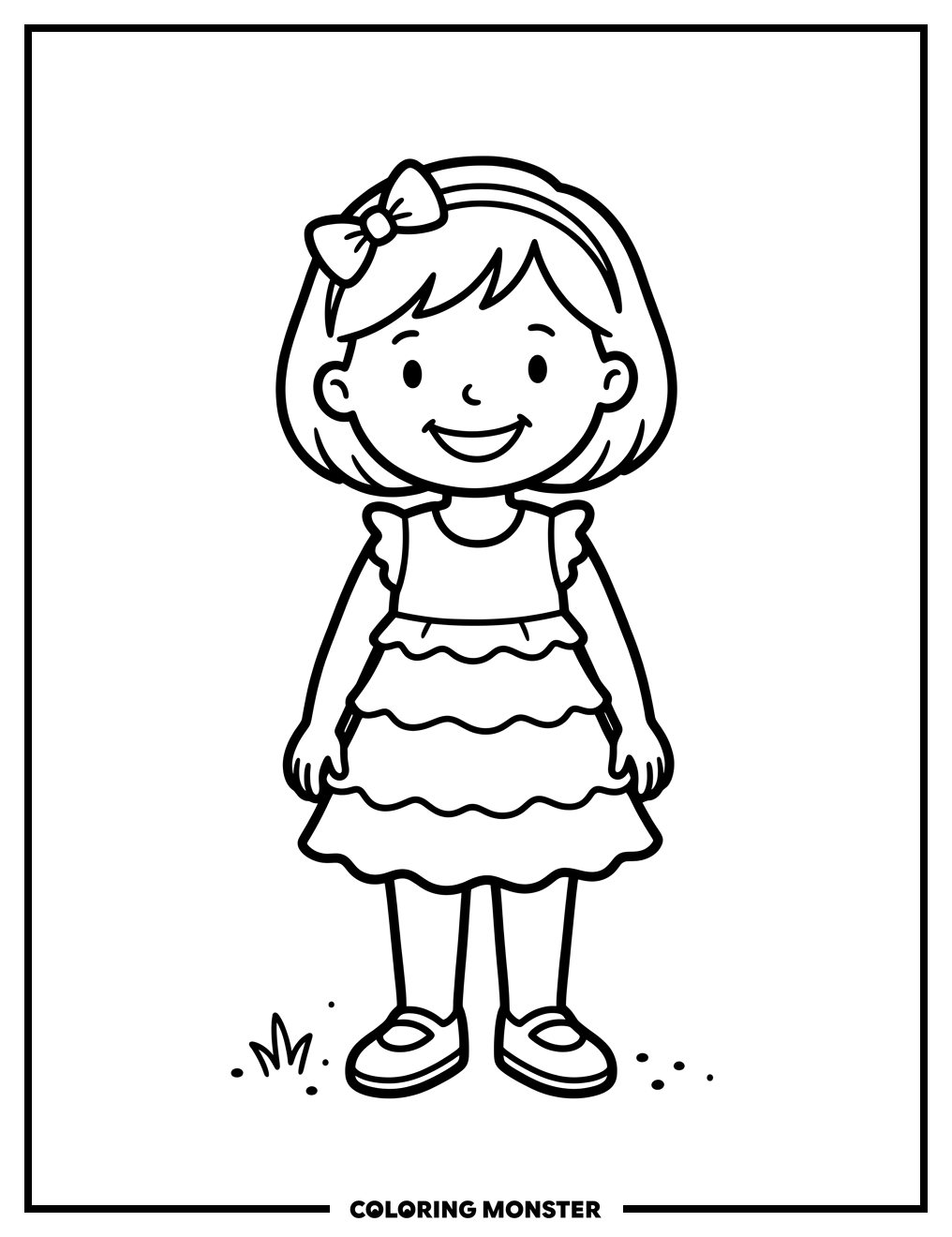 A Happy Child in a Frilly Dress Coloring Page