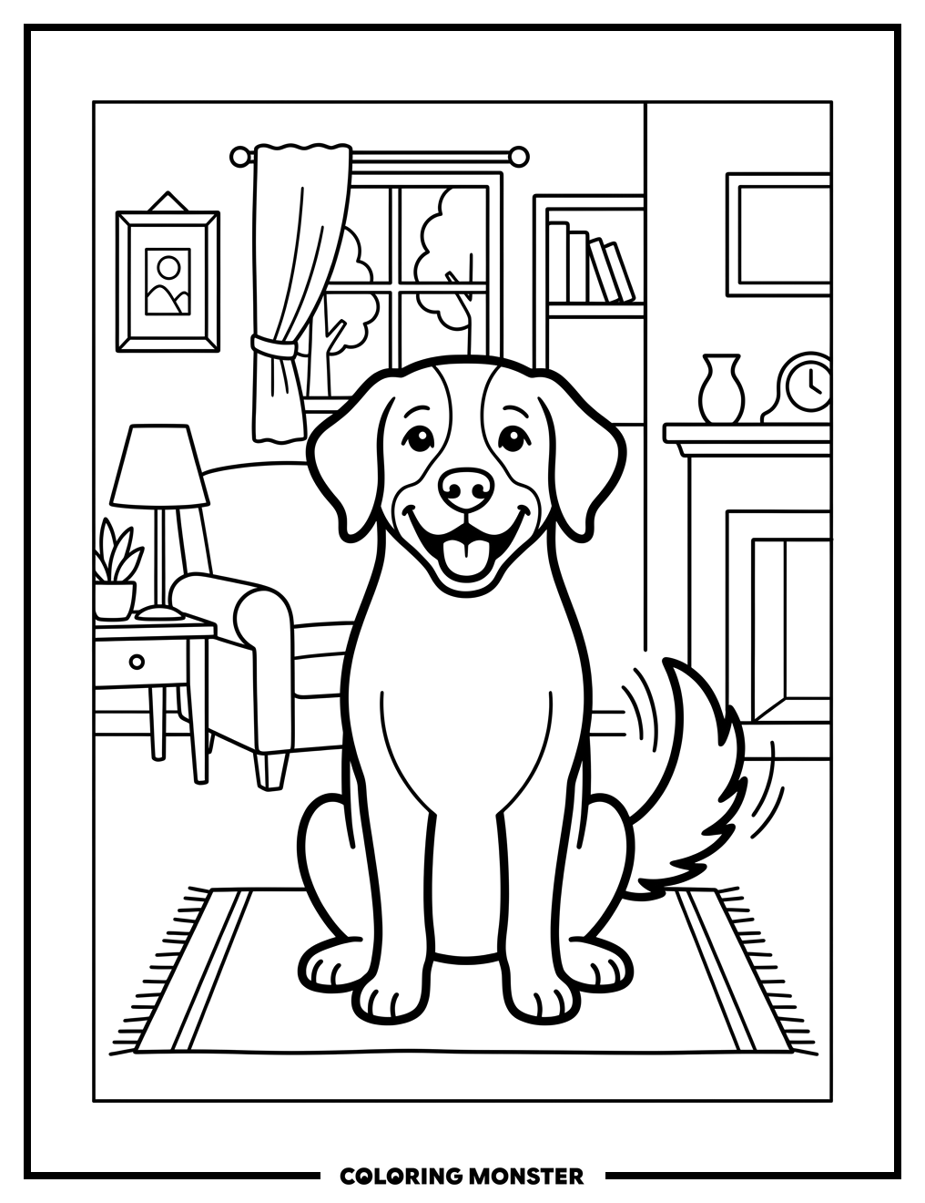 A Happy Dog in a Living Room Coloring Page