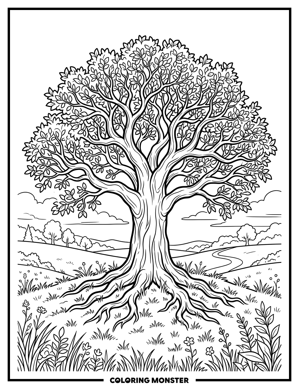 A Lone Tree with Exposed Roots Coloring Page