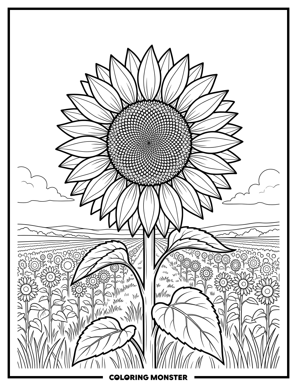 A Tall Sunflower in an Open Field Coloring Page