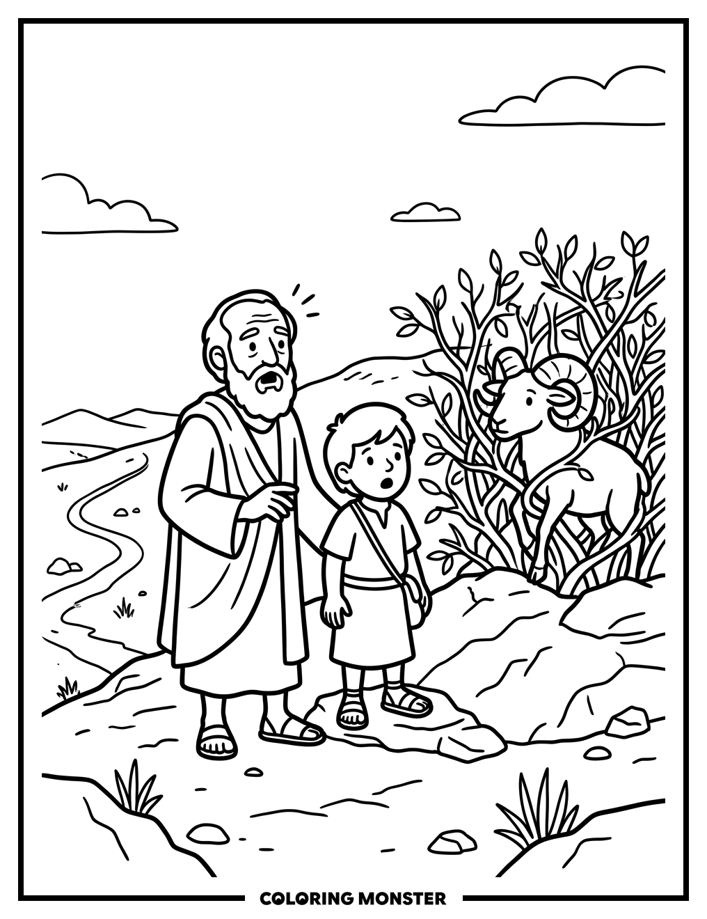 Abraham and Isaac Spot a Ram Coloring Page