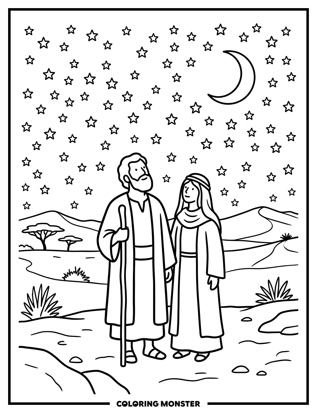 Abraham and Sarah Under Desert Stars Coloring Page
