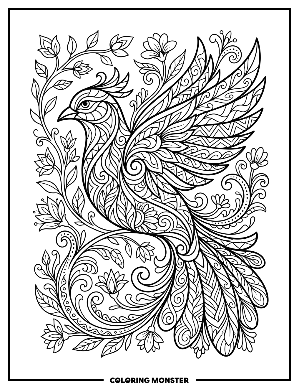 Abstract Bird with Flowers Coloring Page