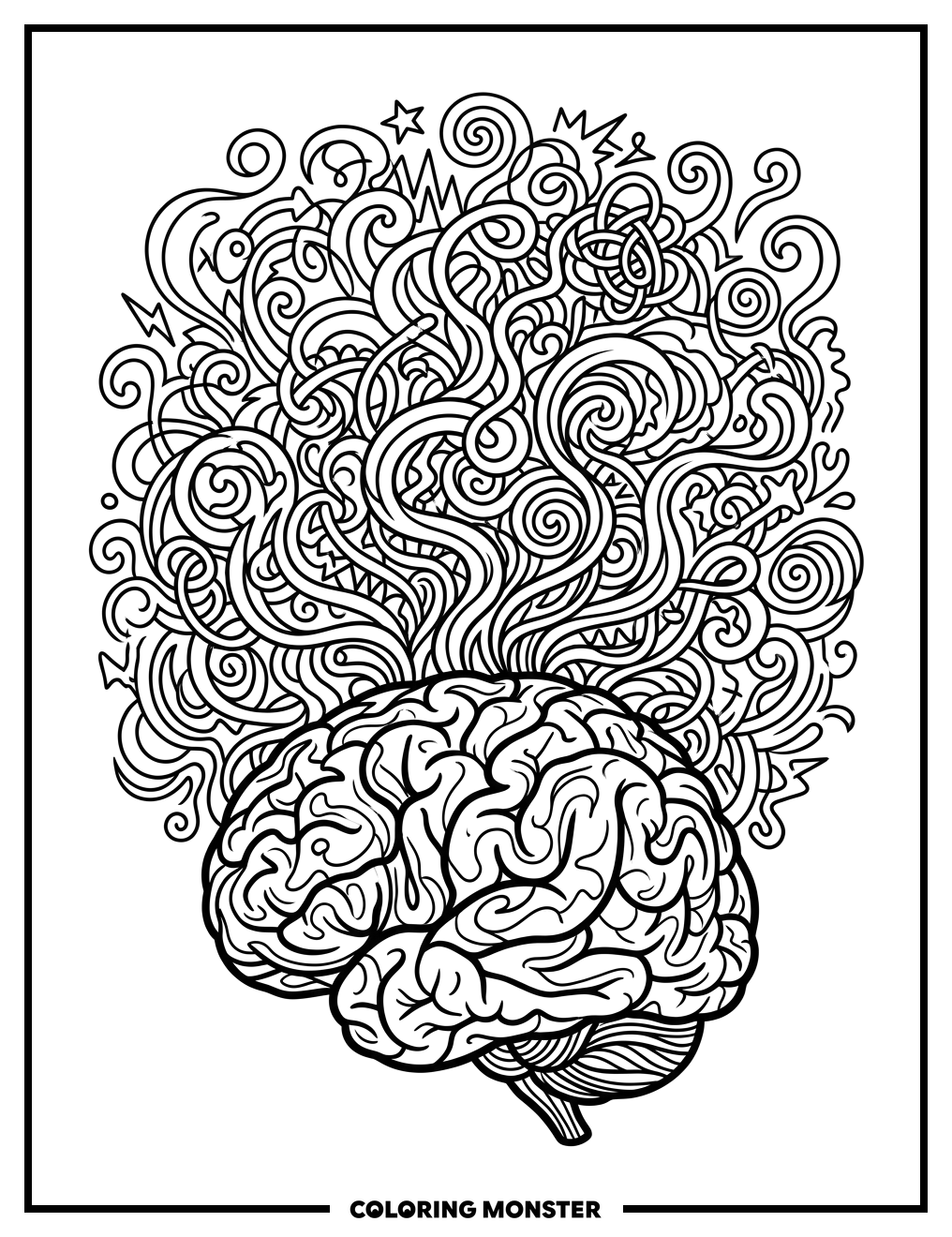 Abstract Brain With Swirling Thoughts Coloring Page