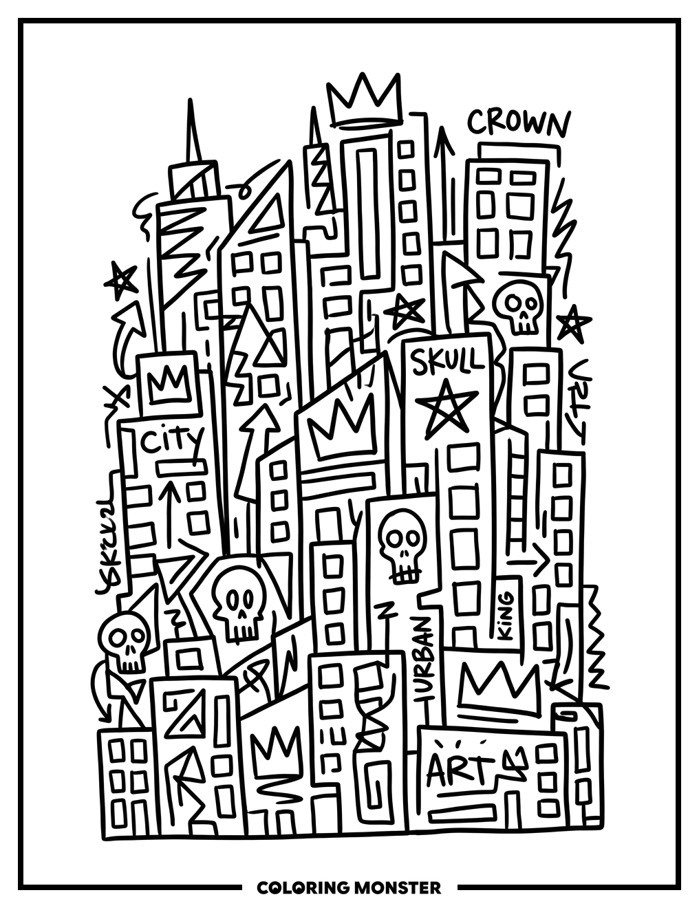 Abstract Cityscape With Basquiat Symbols Coloring Page