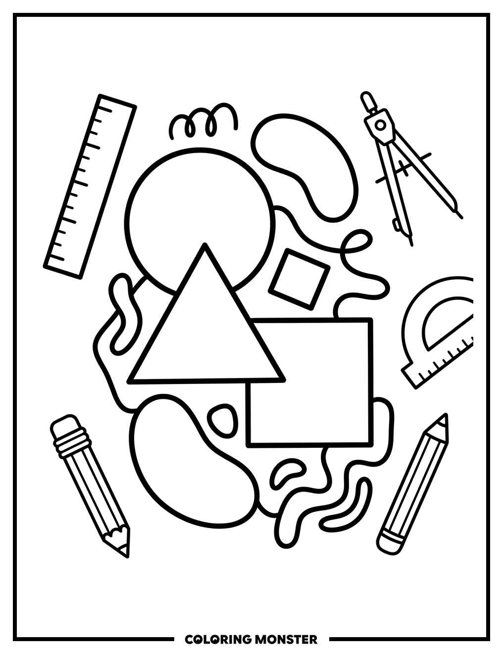 Abstract Shapes and Drawing Tools Coloring Page