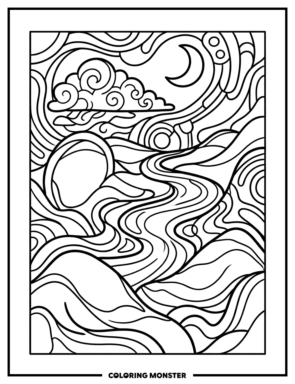 Abstract Swirling Landscape Coloring Page