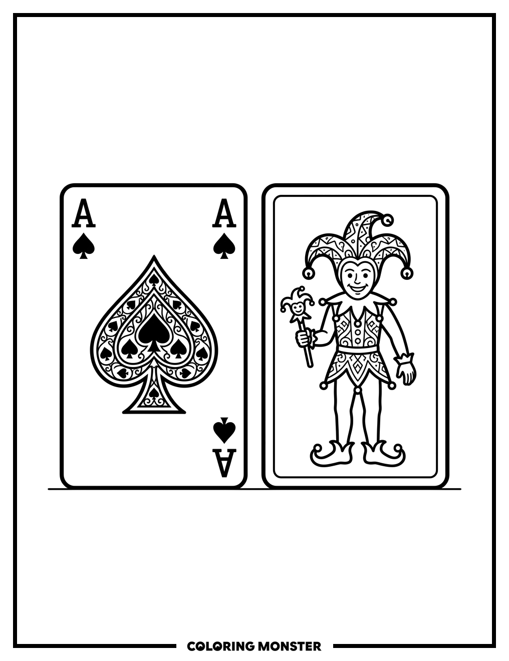 Ace of Spades and Joker Cards Coloring Page
