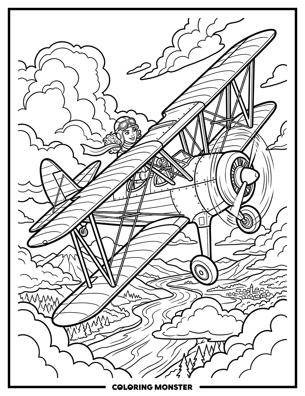 Ace Pilot Soars in Biplane Coloring Page