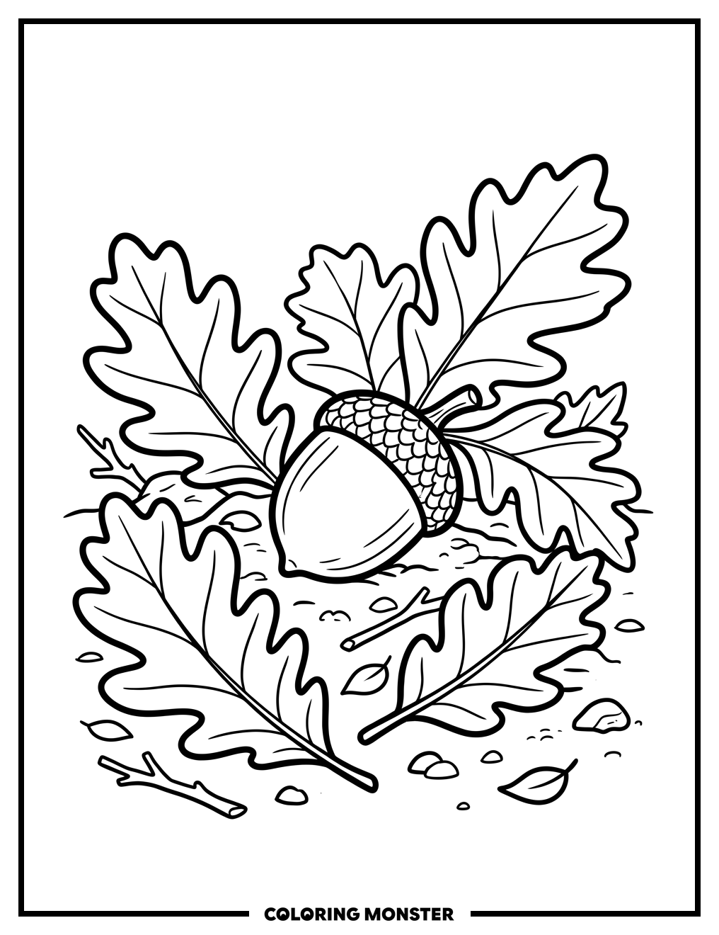 Acorn and Autumn Leaves Coloring Page