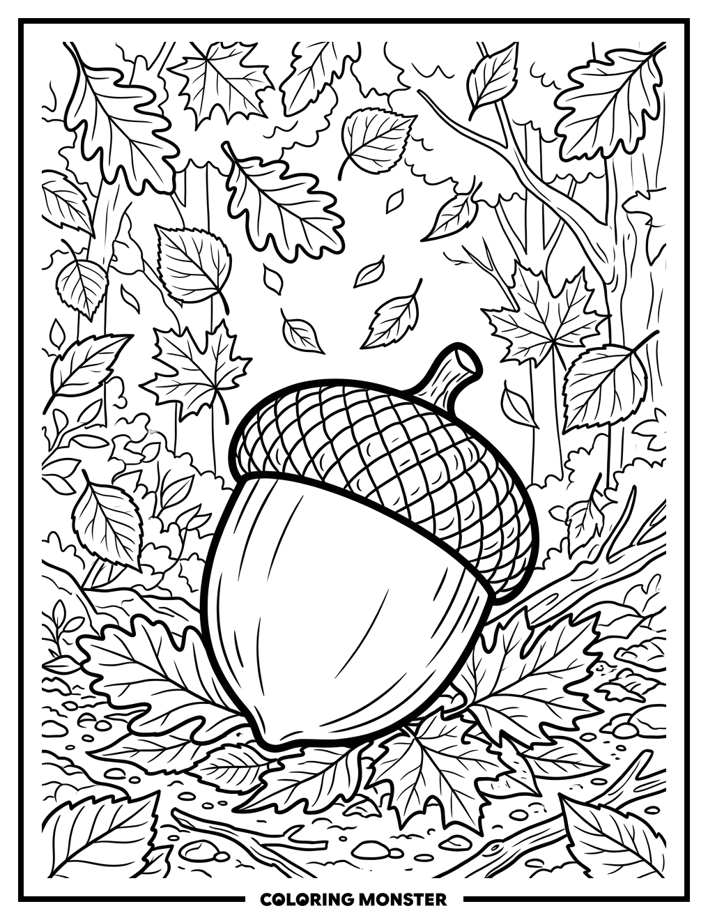 Acorn and Autumn Leaves Coloring Page