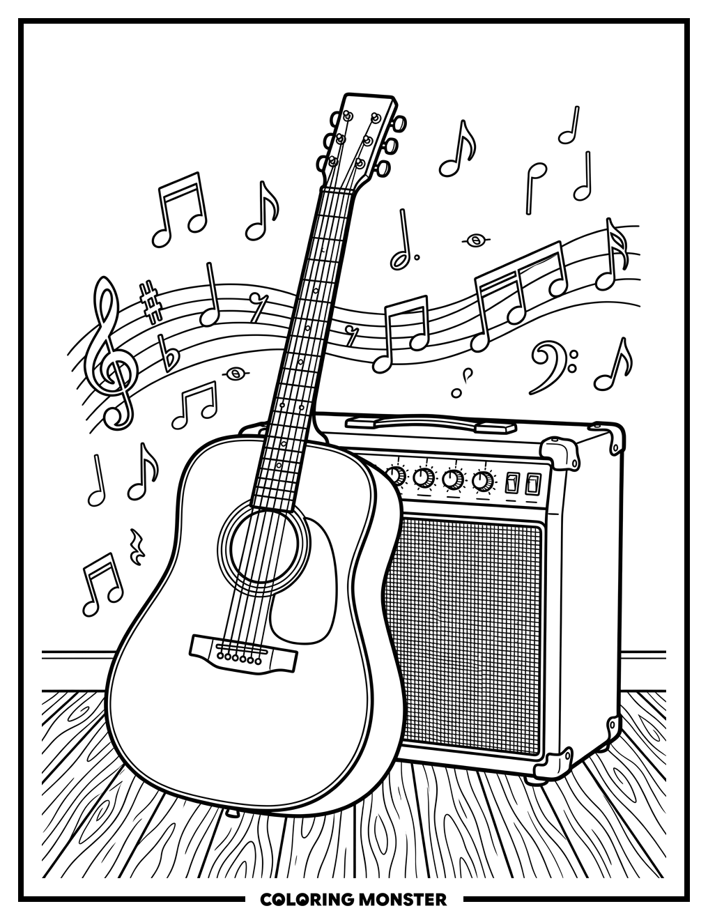 Acoustic Guitar and Vintage Amp Coloring Page