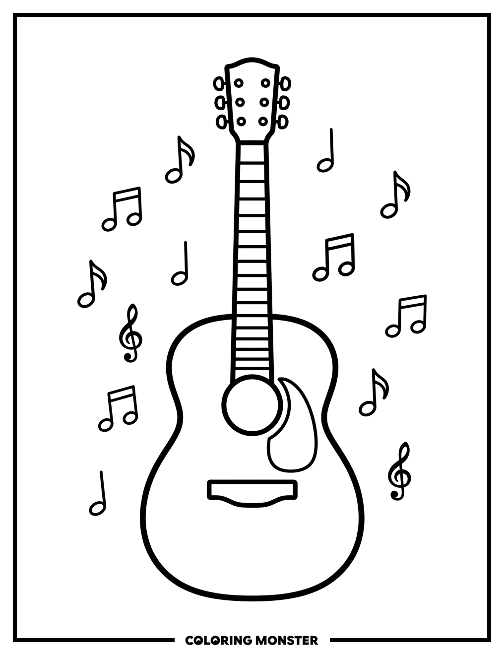 Acoustic Guitar With Music Notes Coloring Page
