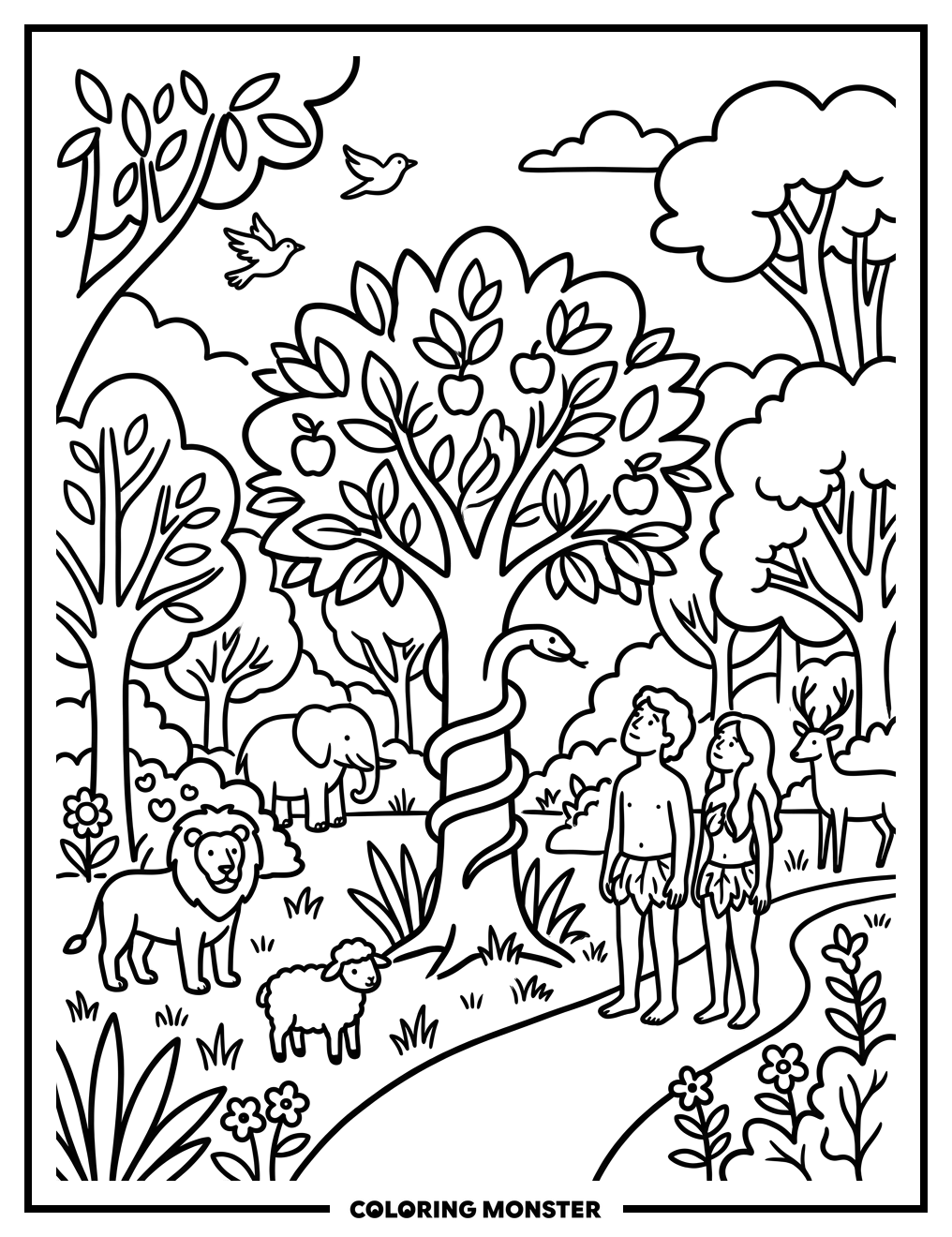Adam and Eve in the Garden Coloring Page