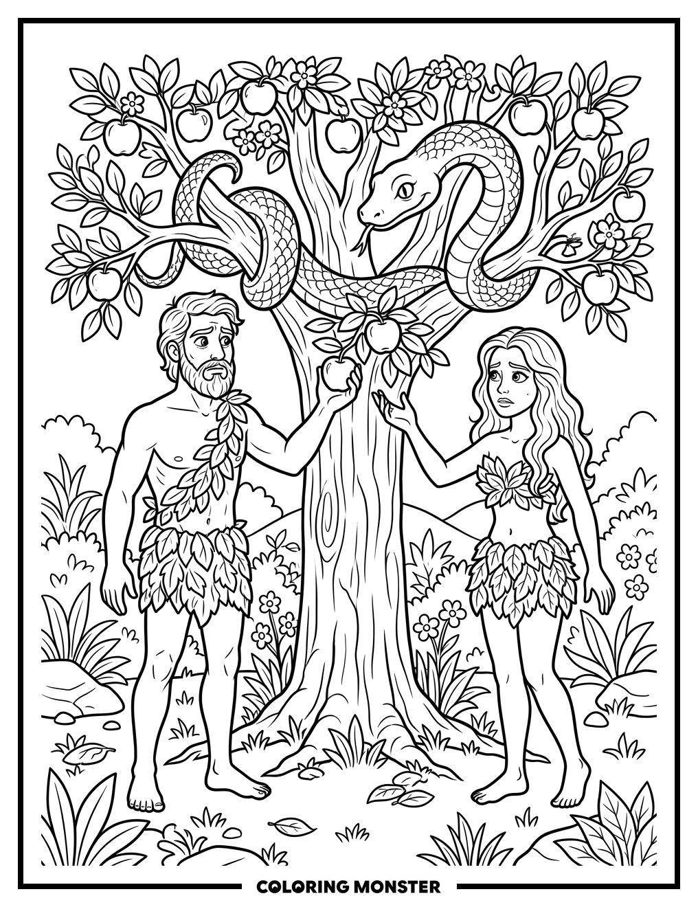 Adam and Eve Reach for Forbidden Fruit Coloring Page