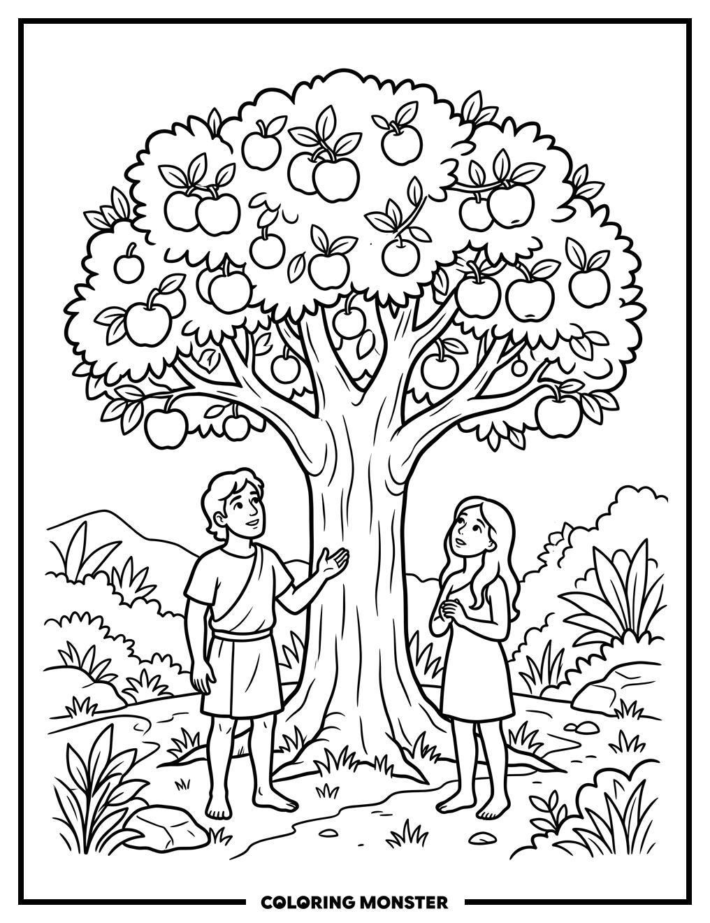 Adam and Eve Under the Tree of Knowledge Coloring Page