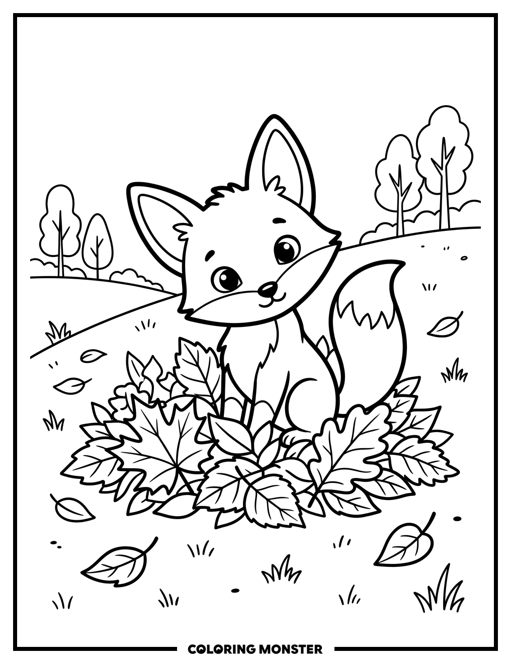 Adorable Fox in Autumn Leaves Coloring Page