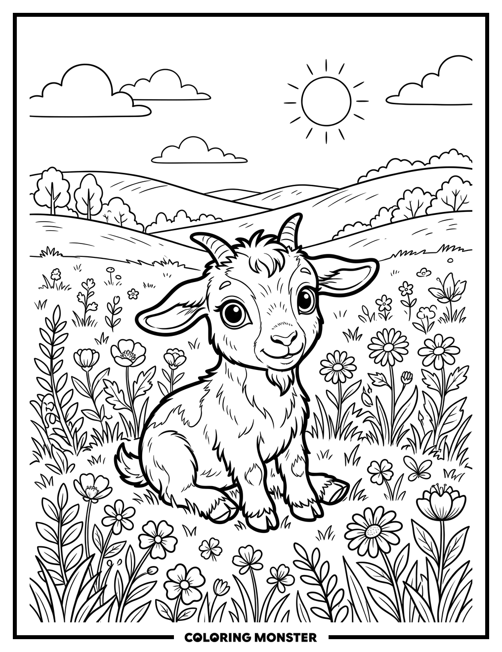 Adorable Goat in Sunny Meadow Coloring Page