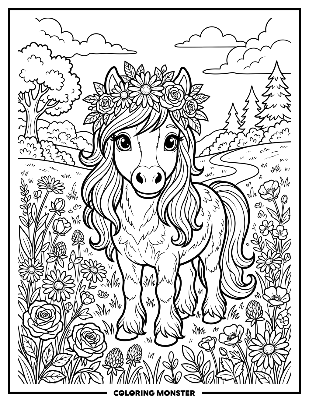 Adorable Pony in Wildflower Field Coloring Page