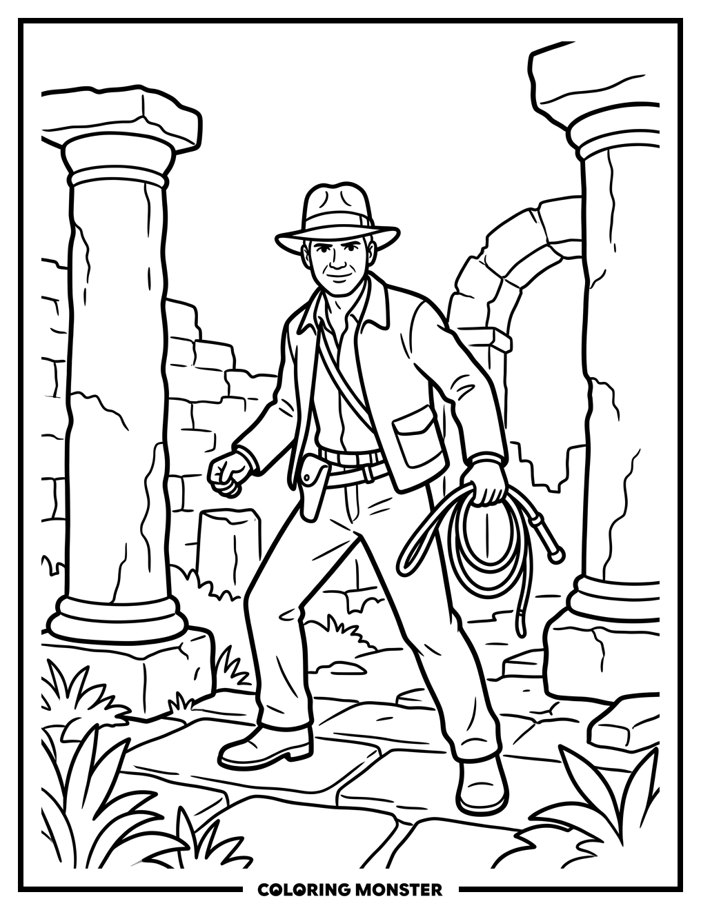 Adventurer in Ancient Ruins Coloring Page