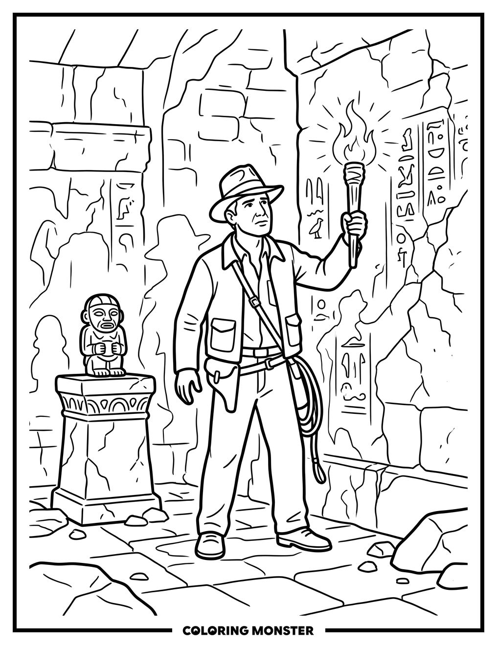 Adventurer in Ancient Temple Coloring Page